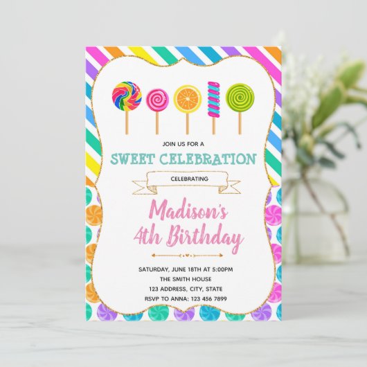 Candy Geburtstagsfeier Einladung (Stehend Vorderseite)