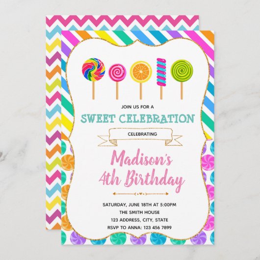 Candy Geburtstagsfeier Einladung (Vorne/Hinten)