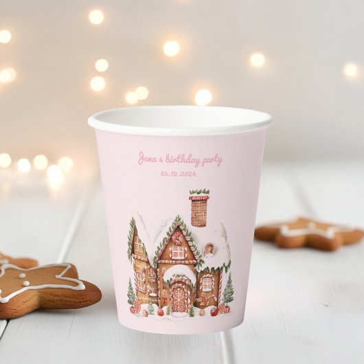 Candy Gingerbrot House Pink Birthday Pappbecher