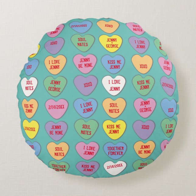 Candy Hearts Custom Messages Valentine Rundes Kissen (Vorderseite)