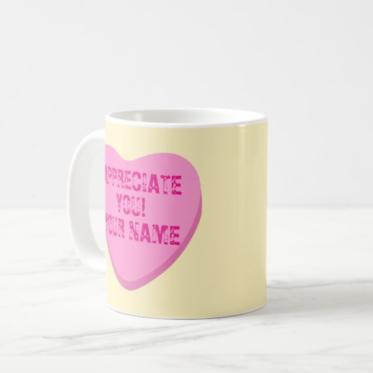 Candy Hearts mit Custom Text-Pink Heart on Yellow Kaffeetasse (Vorderseite Links)