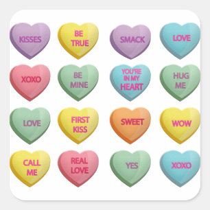 Candy Hearts Sweet Valentine Liebe Nachrichten Quadratischer Aufkleber