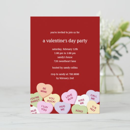 Candy Hearts Valentins Party Einladung (Stehend Vorderseite)
