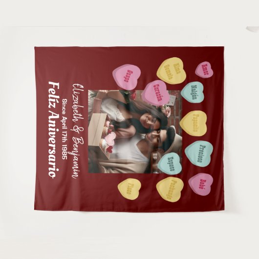 Candy Herzen Happy Jubiläum Spanisch Wandteppich (Vorderseite (Horizontal))