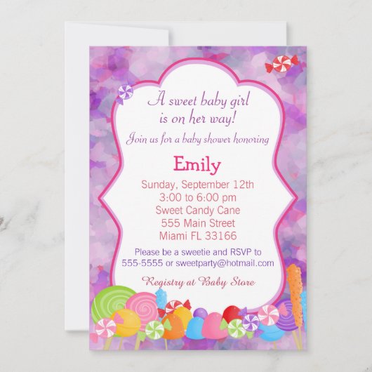 Candy Invitation Baby Dusche Pink Lila Einladung (Vorderseite)