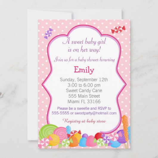 Candy Invitation Baby Girl Dusche Rosa Einladung (Vorderseite)