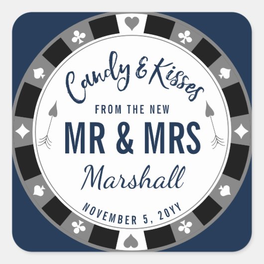 Candy & Kisses vom neuen Mr. und Mrs. Navy Poker Quadratischer Aufkleber (Vorderseite)