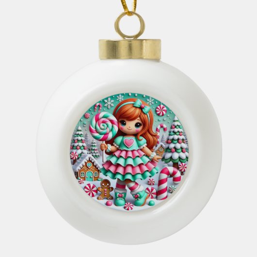 Candy Land Christmas Girl" - Whimsical Holiday Keramik Kugel-Ornament (Vorderseite)