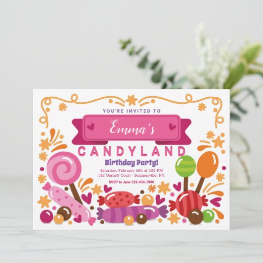 Candy Land Geburtstagsparty Einladung (Stehend Vorderseite)