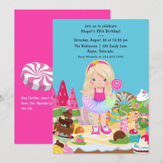 Candy Land Tutu Girl Geburtstagsparty Einladung (Vorne/Hinten)