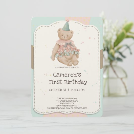 Candy Niedlich Bären Einladung zum ersten Geburtst (Stehend Vorderseite)