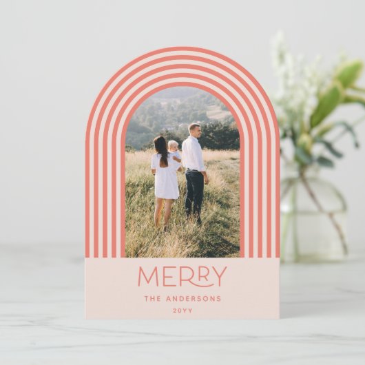 Candy pastellrosa Streifen Regenbogen 1 Foto Weihn Einladung (Stehend Vorderseite)