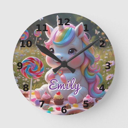 Candy Picnic Unicorn Wall Clock - bearbeitbarer Na Runde Wanduhr (Vorderseite)