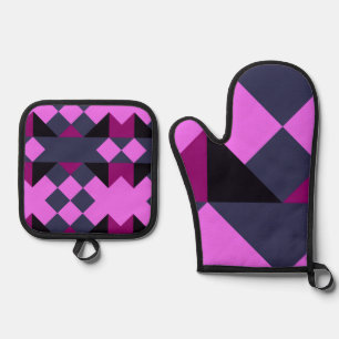 Candy Pink, Aubergine, Blau und Jaguar geometrisch Ofenhandschuh & Topflappen-Set