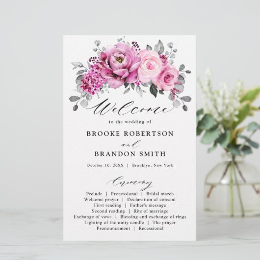 Candy Pink White Silver Floral Wedding Programm (Stehend Vorderseite)