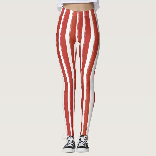Candy Stripe Art rot und weiß Vertikal gestreift Leggings (Vorderseite)