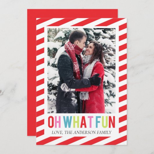 Candy Stripe Oh What Fun Christmas Foto Card Einladung (Vorne/Hinten)