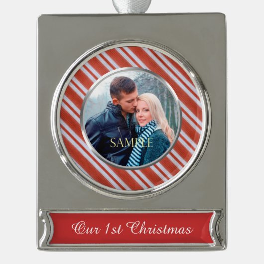 Candy Stripes Erste Weihnachten Banner-Ornament Silber (Vorderseite)