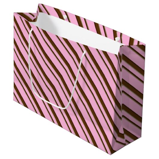 Candy Stripes, rosa und schokoladenbraun Große Geschenktüte (Vorderseite Schrägansicht)