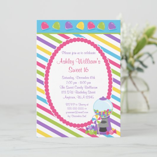 Candy Stripes Sweet 16 Geburtstag Einladung (Stehend Vorderseite)