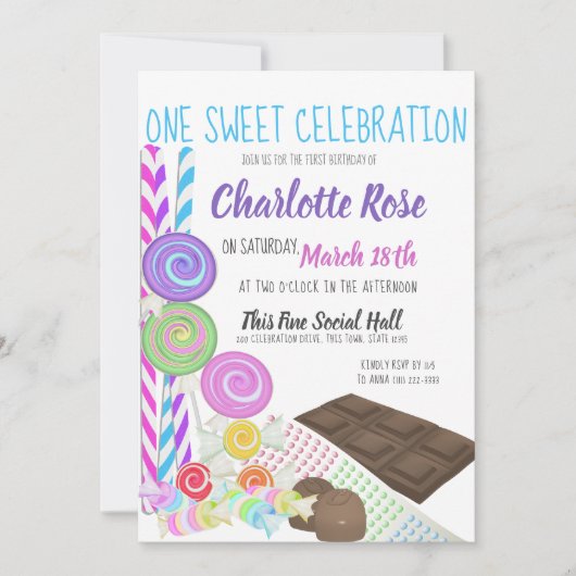 Candy Sweet First Birthday Party Einladung (Vorderseite)