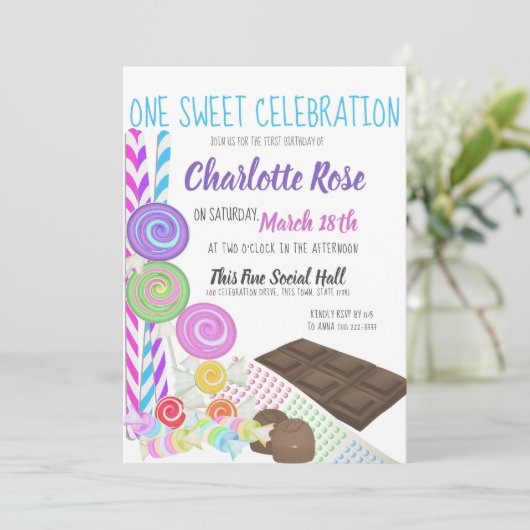 Candy Sweet First Birthday Party Einladung (Stehend Vorderseite)