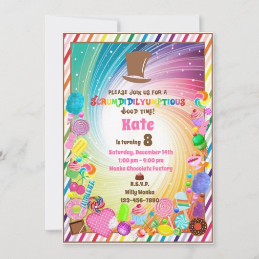 Candy Thema, Schokolade, Goldene Karte, Regenbogen Einladung (Vorderseite)