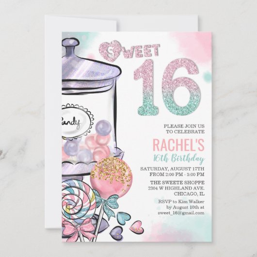 Candy Thema Sweet 16 Geburtstag Einladung (Vorderseite)