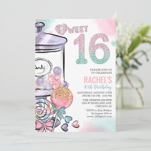 Candy Thema Sweet 16 Geburtstag Einladung (Stehend Vorderseite)