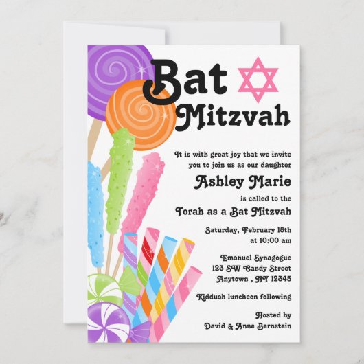 Candy Theme Bat Mitzvah Einladung (Vorderseite)