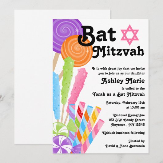 Candy Theme Bat Mitzvah Einladung (Vorne/Hinten)