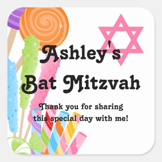 Candy Theme Bat Mitzvah Favor Quadratischer Aufkleber (Vorderseite)