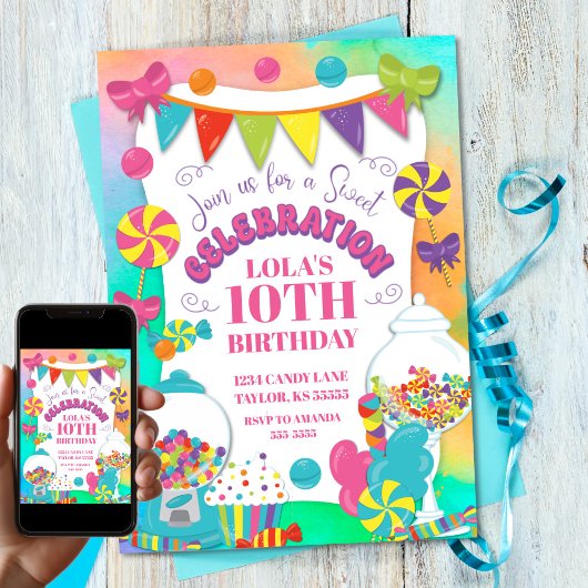 Candy Themed Girl's Colorful Rainbow Birthday Einladung