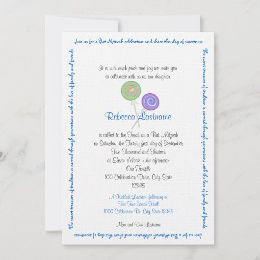 Candy Treasures Bat Mitzvah Blue Einladung (Vorderseite)