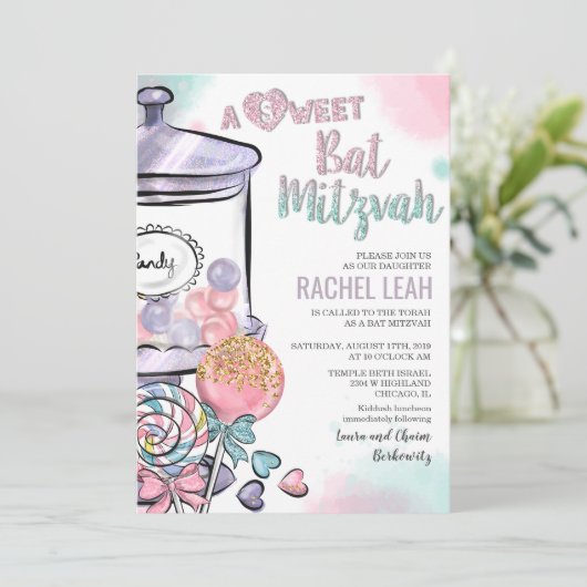 Candyland Bat Mitzvah Einladung (Stehend Vorderseite)