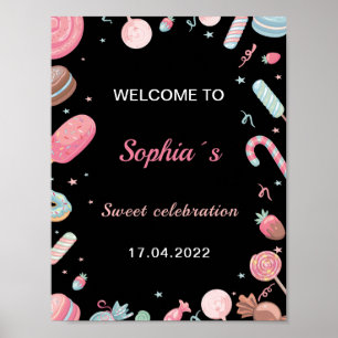 Candyland Birthday Begrüßungszeichen Rosa und Schw Poster