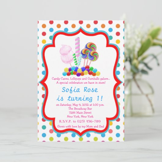 Candyland Candy First Birthday Einladung (Stehend Vorderseite)