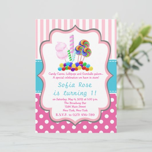 Candyland Candy First Birthday Einladung (Stehend Vorderseite)