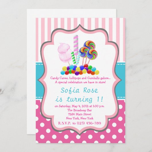 Candyland Candy First Birthday Einladung (Vorne/Hinten)