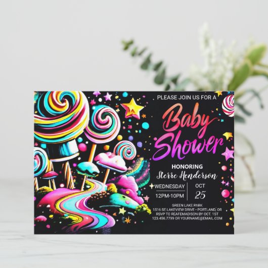 Candyland Charm Baby Dusche Einladung (Stehend Vorderseite)