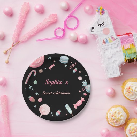 Candyland Party Dekor schwarz und rosa Pappteller (Party)