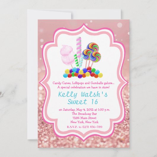 Candyland Rose Gold Glitzer Sweet 16 Einladung (Vorderseite)