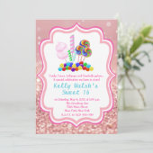 Candyland Rose Gold Glitzer Sweet 16 Einladung (Stehend Vorderseite)