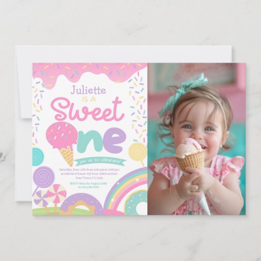 Candyland und Eiscreme 1. Geburtstag Einladung (Vorderseite)