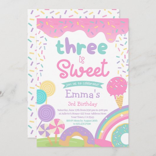 Candyland und Eiscreme, zwei süße 2. Geburtstag Einladung (Vorne/Hinten)