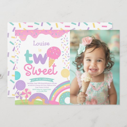 Candyland und Eiscreme, zwei süße 2. Geburtstag Einladung (Vorne/Hinten)