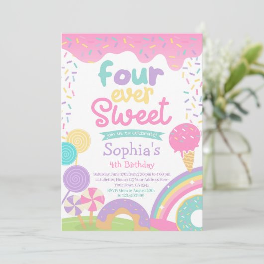 Candyland und Ice Cream Vier-mal Sweet Birthday Einladung (Stehend Vorderseite)