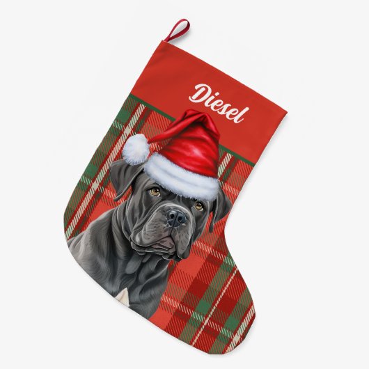 Cane Corso Dog mit Red Holiday Kariert Personalisi Großer Weihnachtsstrumpf (Vorderansicht (hängend))
