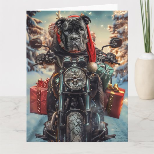 Cane Corso Dog Riding Motorrad Weihnachten Karte (Vorderseite)