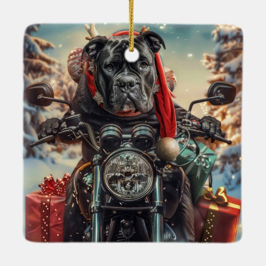 Cane Corso Dog Riding Motorrad Weihnachten Keramikornament (Rückseite)